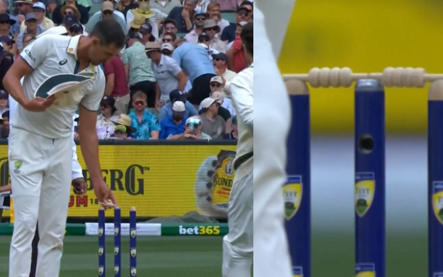 The Australian seamer switched the bails before Nathan Lyon’s breakthrough