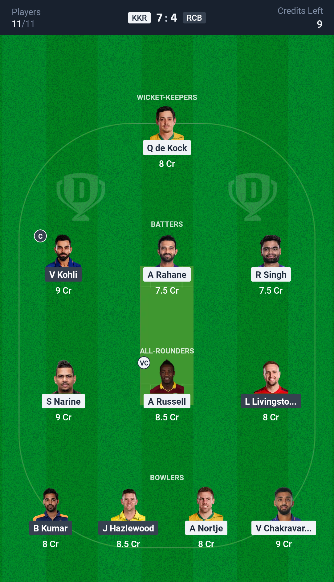 Dream11 Team, KKR vs RCB 