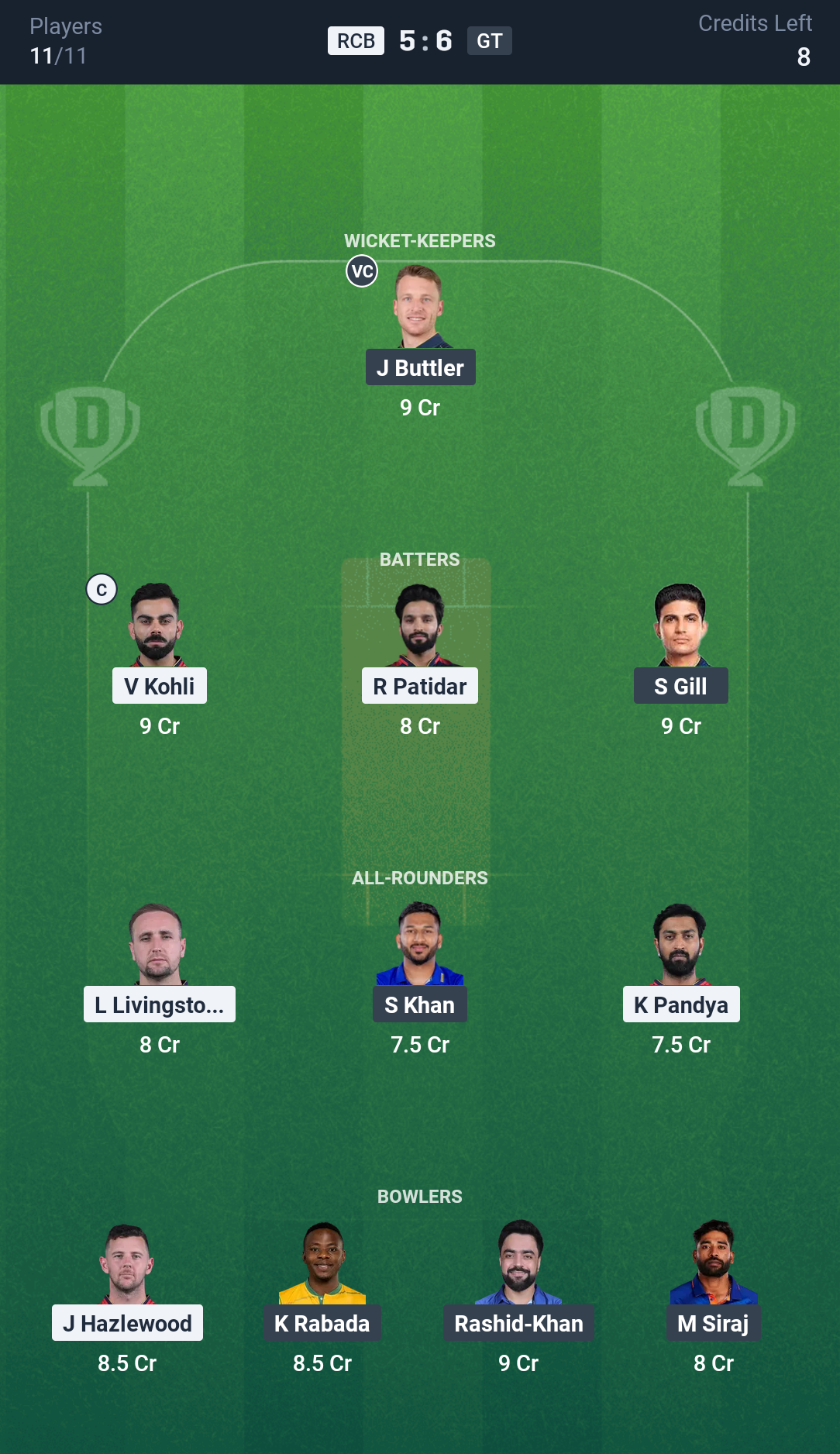 Dream 11 RCB vs GT