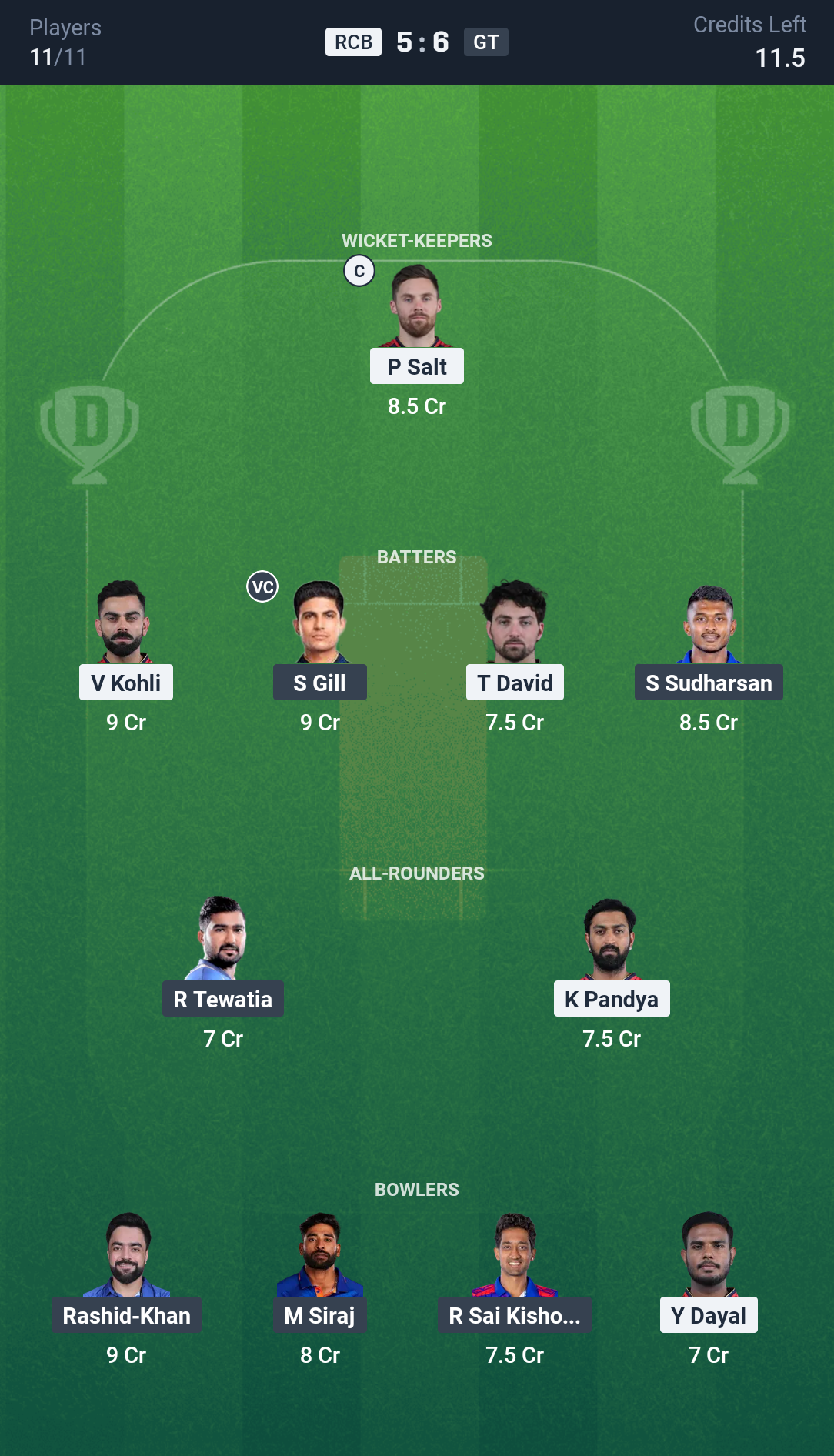 Dream 11 RCB vs GT