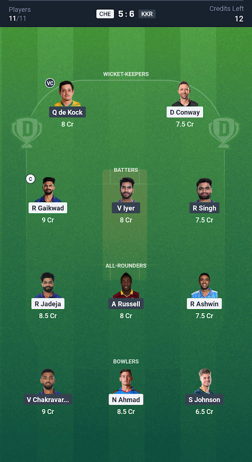 CSK vs KKR IPL 2025 Dream11 Fantasy Team 1 with Captain and Vice-Captain