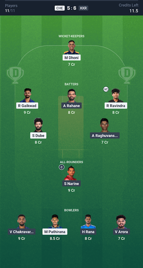 CSK vs KKR Dream11 Fantasy Cricket Team 2 for Match 25